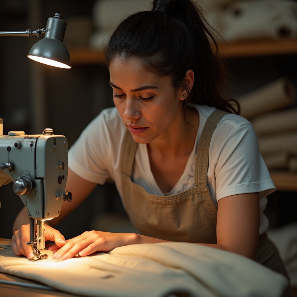 Tappezziere al lavoro con macchina da cucire industriale su una fodera in tessuto
