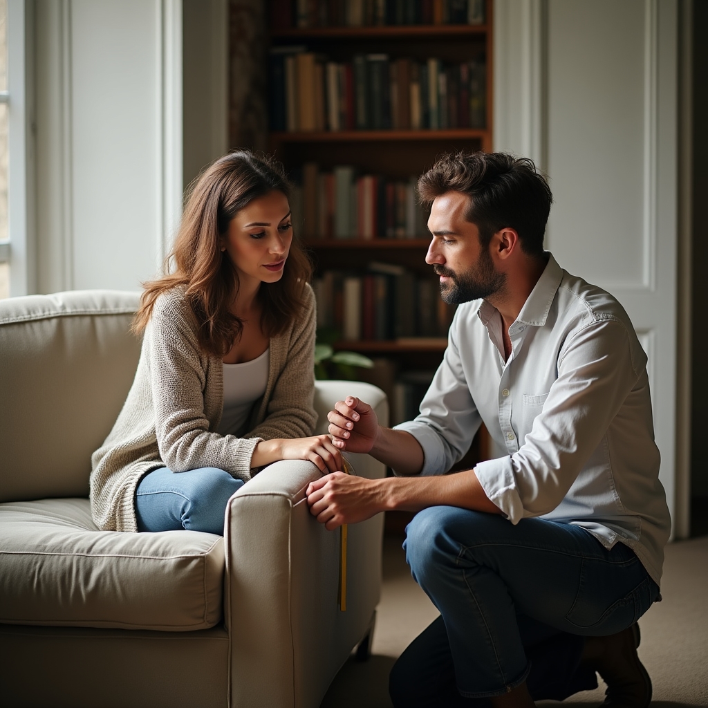 Sopralluogo gratuito su un divano in un salotto, tappezziere che valuta il tessuto insieme al cliente