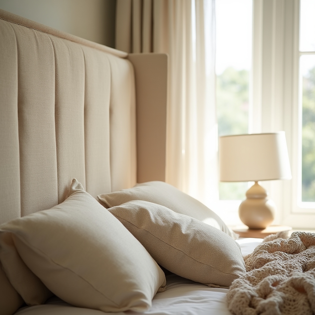 Testata letto imbottita rivestita in tessuto di lino chiaro in una camera da letto